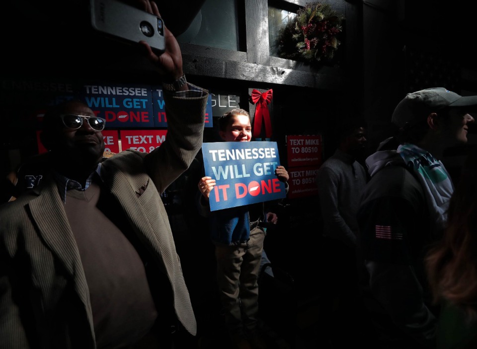 <strong>Young Bloomberg supporter Brady Wells finds a spot at the back of the crowd at Minglewood Hall as Democratic presidential contender Michael Bloomberg delivers his stump speech during a campaign stop in Memphis on Feb. 28, 2020.</strong> (Jim Weber/Daily Memphian)
