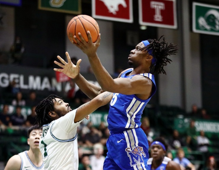 <strong>University of Memphis forward Precious Achiuwa (55) goes in for a layup during a road game against the Tulane University Green Wave in New Orleans on Feb. 29, 2020.</strong> (Patrick Lantrip/Daily Memphian)