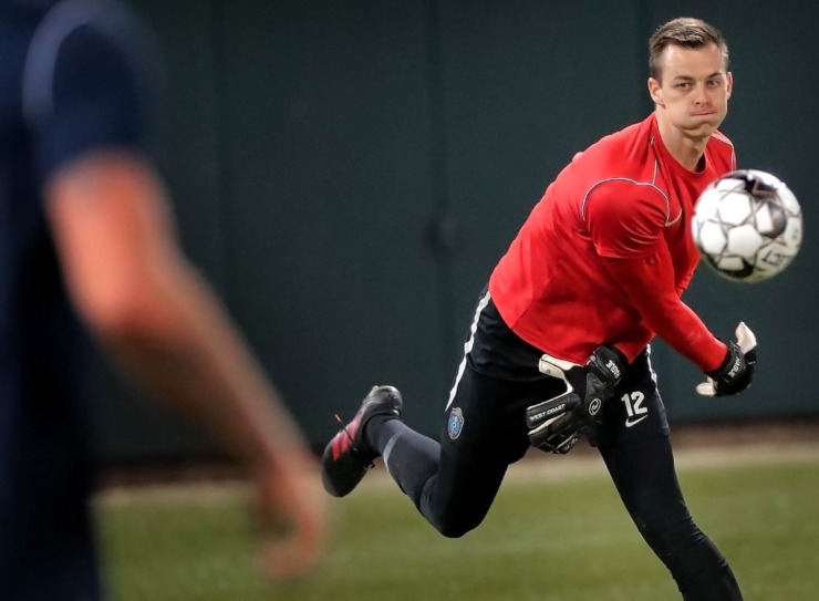 <strong>Memphis 901 FC goalkeeper Jimmy Hague (12) moves the ball out to a defender during 901 FC's preseason exhibition game against the University of Memphis at AutoZone Park on Feb. 29, 2020.</strong> (Jim Weber/Daily Memphian)