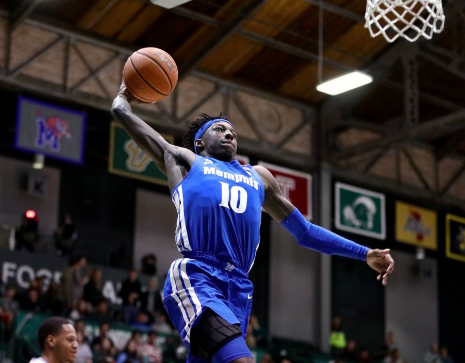 <strong>University of Memphis guard Damion Baugh (10) rises up for a dunk during a road game against the Tulane University Green Wave in New Orleans Feb. 29, 2020.</strong> (Patrick Lantrip/Daily Memphian)