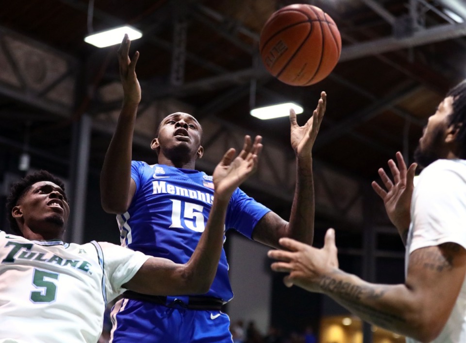 <strong>University of Memphis forward Lance Thomas (15) fights for a rebound during a road game against the Tulane University Green Wave in New Orleans Feb. 29, 2020.</strong> (Patrick Lantrip/Daily Memphian)