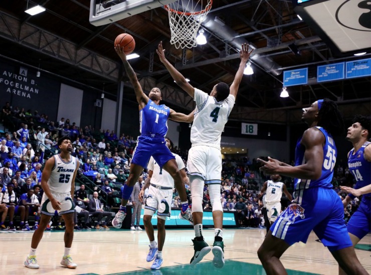 <strong>University of Memphis guard Tyler Harris (1) goes up for a layup during a road game against the Tulane University Green Wave in New Orleans Feb. 29, 2020.</strong> (Patrick Lantrip/Daily Memphian)