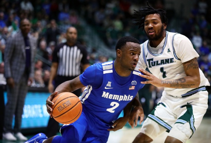 <strong>University of Memphis' Alex Lomax (2) drives to the basket during a road game against the Tulane University Green Wave in New Orleans Feb. 29, 2020.</strong> (Patrick Lantrip/Daily Memphian)