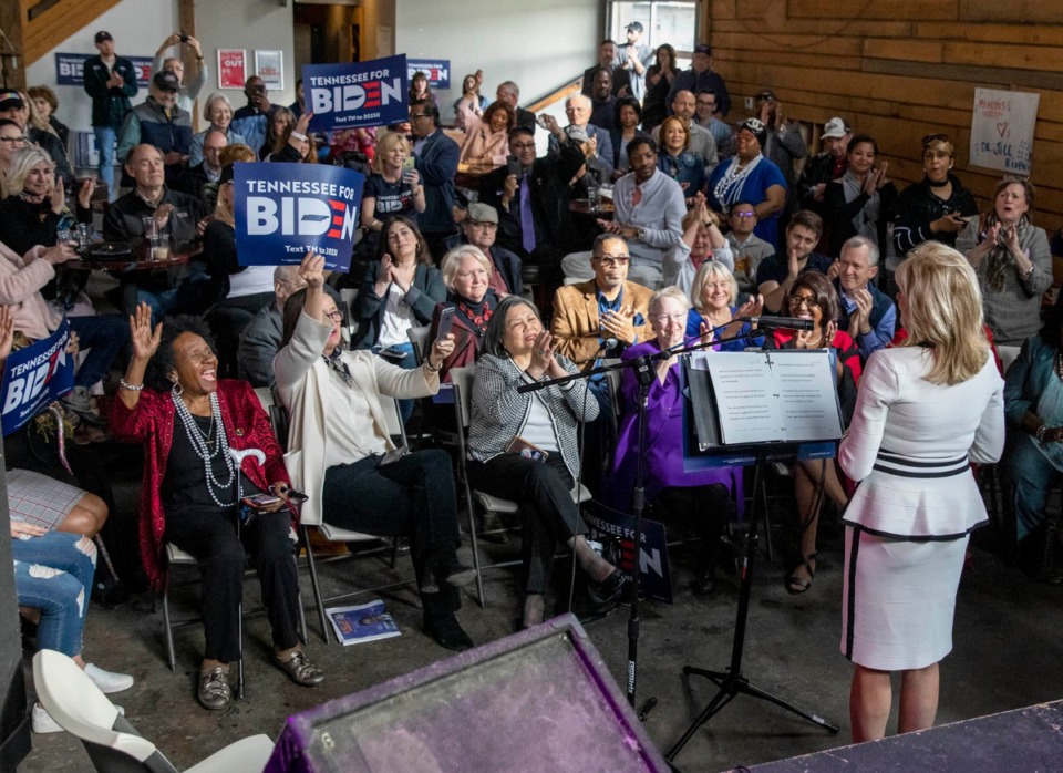 <strong>Dr. Jill Biden talks with supporters during her Memphis campaign stop to seek support for her husband in the March 3 Super Tuesday Tennessee primary. The event was held at Loflin Yard near Downtown on Sunday, March 1, 2020.</strong> (Mike Kerr/Special to Daily Memphian)