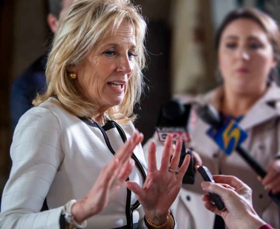 <strong>Dr. Jill Biden talks with reporters during her Memphis campaign stop to seek support for her husband in the March 3 Super Tuesday Tennessee primary.</strong> (Mike Kerr/Special to Daily Memphian)