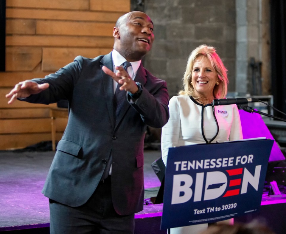 <strong>Shelby County Mayor Lee Harris introduces Dr. Jill Biden during a Memphis campaign stop to seek support for her husband in the March 3 Super Tuesday Tennessee primary. A small crowd attended for the event at Loflin Yard near Downtown on Sunday, March 1, 2020.</strong> (Mike Kerr/Special to Daily Memphian)