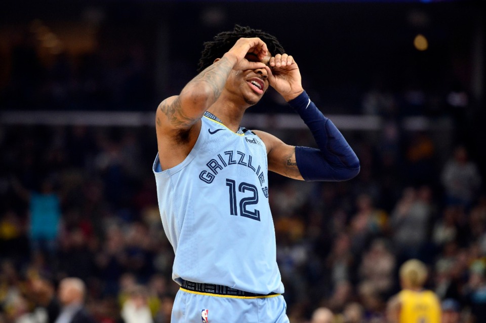 <strong>Memphis Grizzlies guard Ja Morant (12) reacts after an assist in the second half of an NBA basketball game aginst the Los Angeles Lakers Saturday, Feb. 29, 2020, in Memphis, Tenn.</strong> (AP Photo/Brandon Dill)