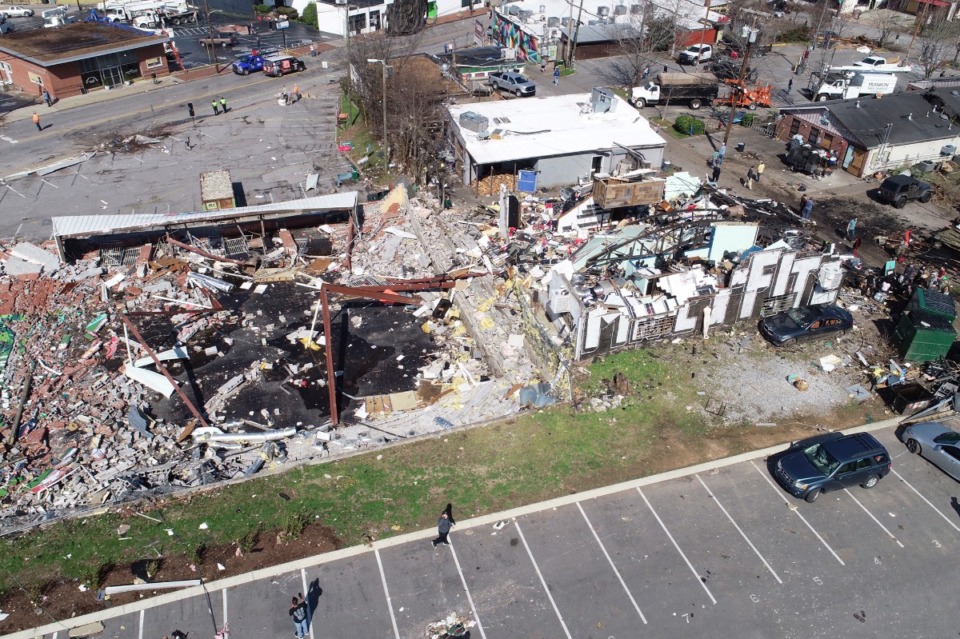 <strong>In this aerial image damage is seen in Nashville on March 3, 2020, after strong storms moved through the area. Tornadoes ripped across Tennessee early Tuesday, shredding at least 40 buildings and killing many people. One of the twisters caused severe damage across downtown Nashville, leaving hundreds of people homeless.</strong> (DroneBase via AP)