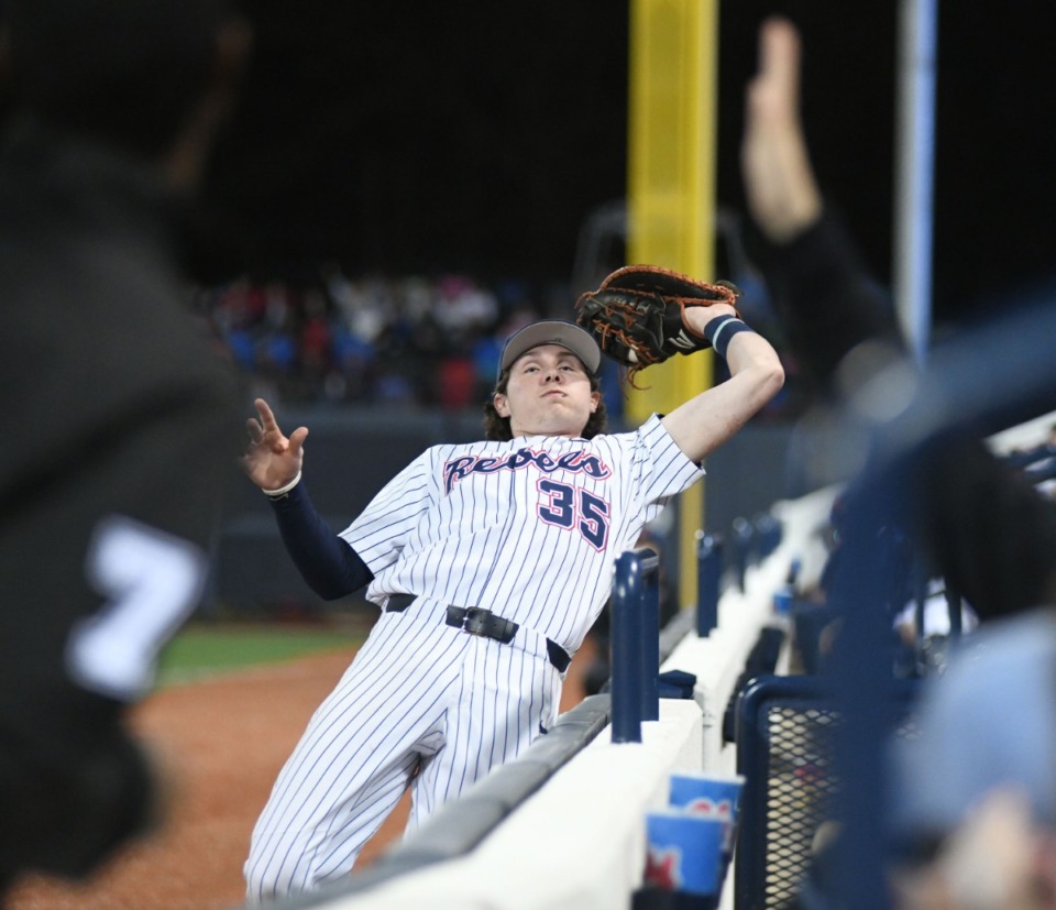 <strong>Ole Miss first baseman Kevin Graham makes a catch for an out against Memphis during their baseball game at Oxford-University Stadium in Oxford, Miss., on Tuesday, March 3, 2020.</strong> (Bruce Newman/Special to The Daily Memphian)