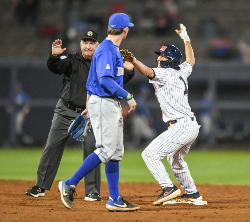 <strong>Ole Miss&rsquo; Peyton Chatagnier (1) celebrates a double against Memphis at Oxford-University Stadium in Oxford, Miss., on Tuesday, March 3, 2020.</strong> (Bruce Newman/Special to The Daily Memphian)