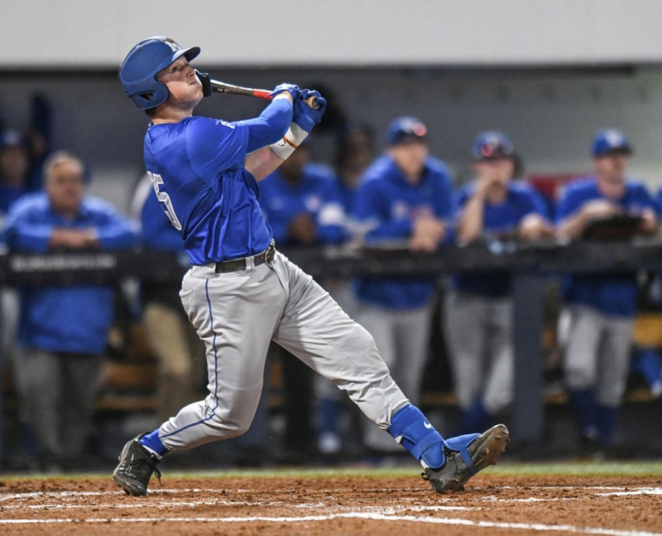 <strong>Memphis&rsquo; Hunter Goodman (35) drives in a run against Ole Miss at Oxford-University Stadium in Oxford, Miss., on Tuesday, March 3, 2020.</strong> (Bruce Newman/Special to The Daily Memphian)