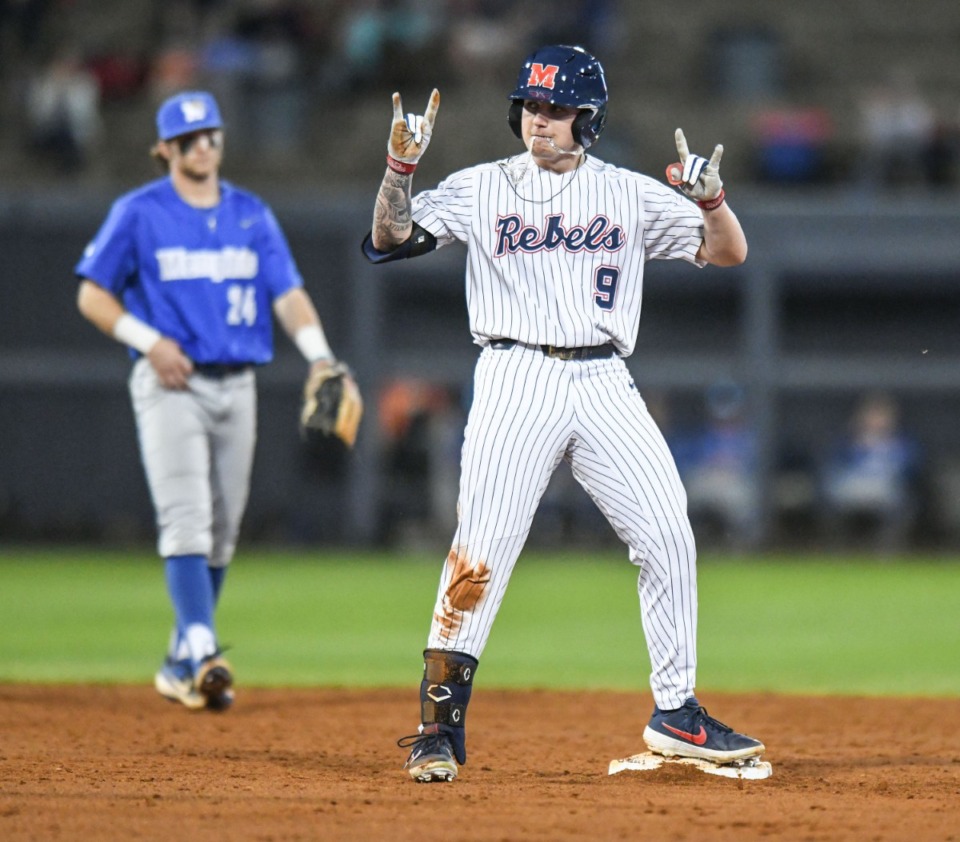 <strong>Ole Miss&rsquo; Hayden Leatherwood (9) celebrates a double against Memphis at Oxford-University Stadium in Oxford, Miss., on Tuesday, March 3, 2020.</strong> (Bruce Newman/Special to The Daily Memphian)