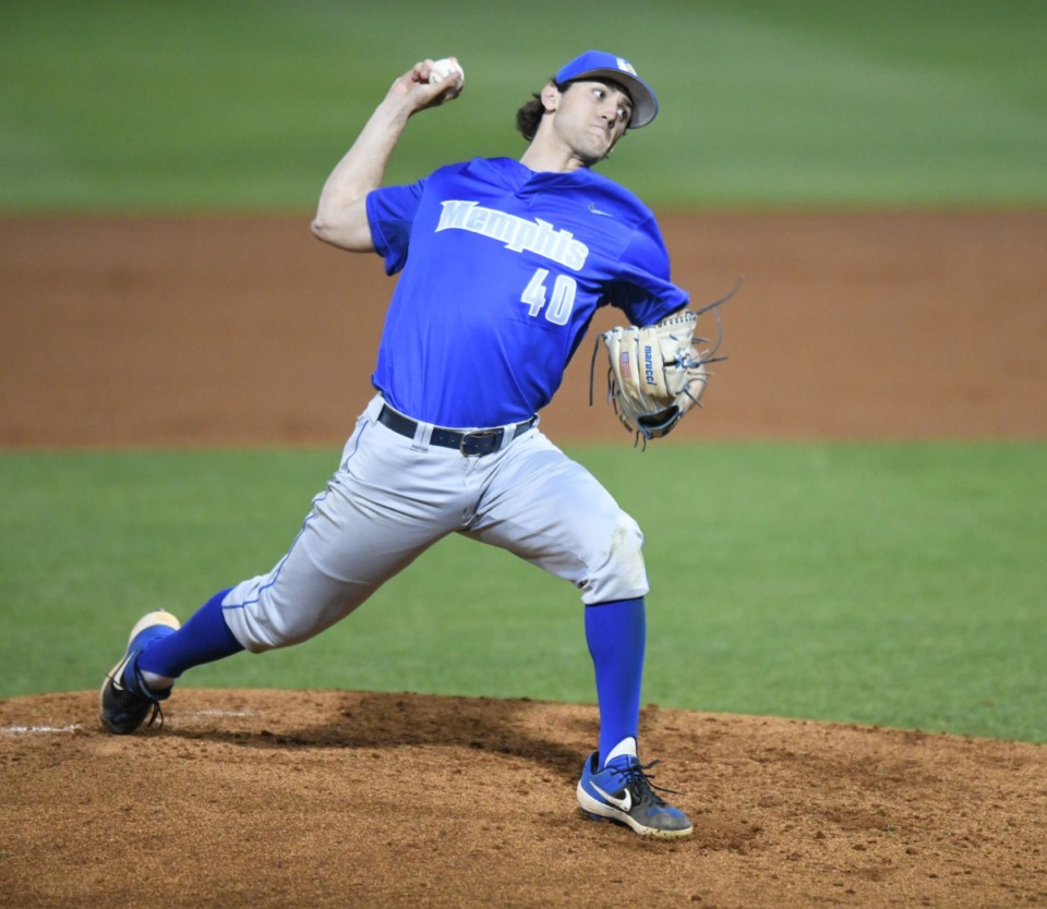 <strong>Walker Brockhouse (40) pitches against Ole Miss at Oxford-University Stadium in Oxford, Miss., on Tuesday, March 3, 2020.</strong> (Bruce Newman/Special to The Daily Memphian)