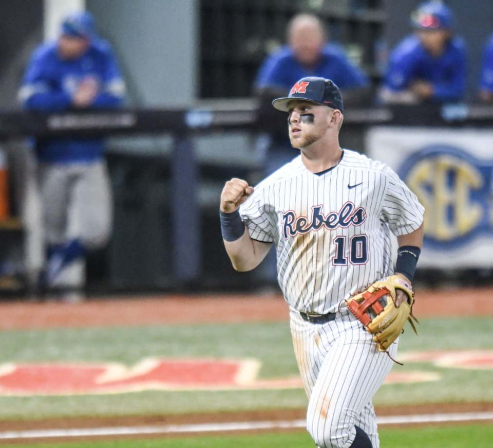 <strong>Ole Miss third baseman Tyler Keenan reacts to a double play against Memphis at Oxford-University Stadium in Oxford, Miss., on Tuesday, March 3, 2020.</strong> (Bruce Newman/Special to The Daily Memphian)
