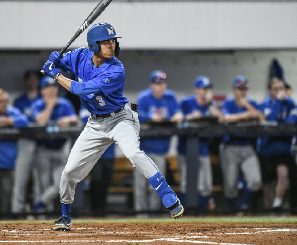<strong>Memphis&rsquo; Ian Bibiloni bats against Ole Miss at Oxford-University Stadium in Oxford, Miss., on Tuesday, March 3, 2020.</strong> (Bruce Newman/Special to The Daily Memphian)