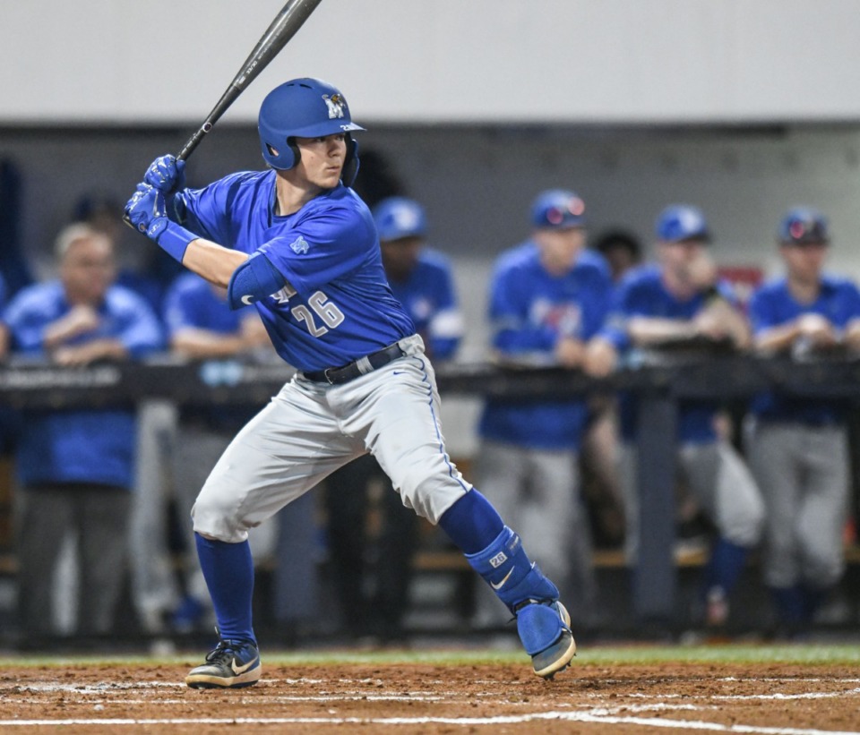 <strong>Memphis&rsquo; Austin Baskin bats against Ole Miss at Oxford-University Stadium in Oxford, Miss., on Tuesday, March 3, 2020.</strong> (Bruce Newman/Special to The Daily Memphian)