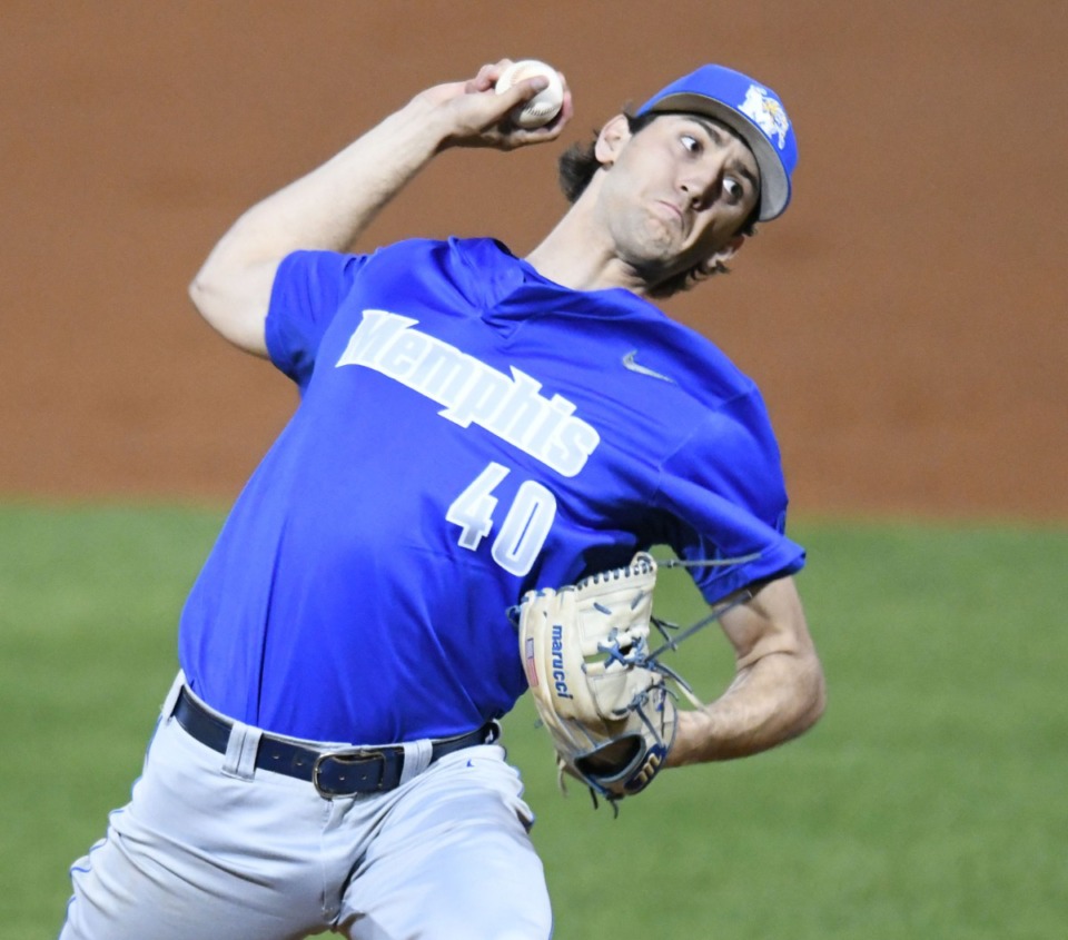 <strong>Memphis&rsquo; Walker Brockhouse pitches against Ole Miss at Oxford-University Stadium in Oxford, Miss., on Tuesday, March 3, 2020.</strong> (Bruce Newman/Special to The Daily Memphian)