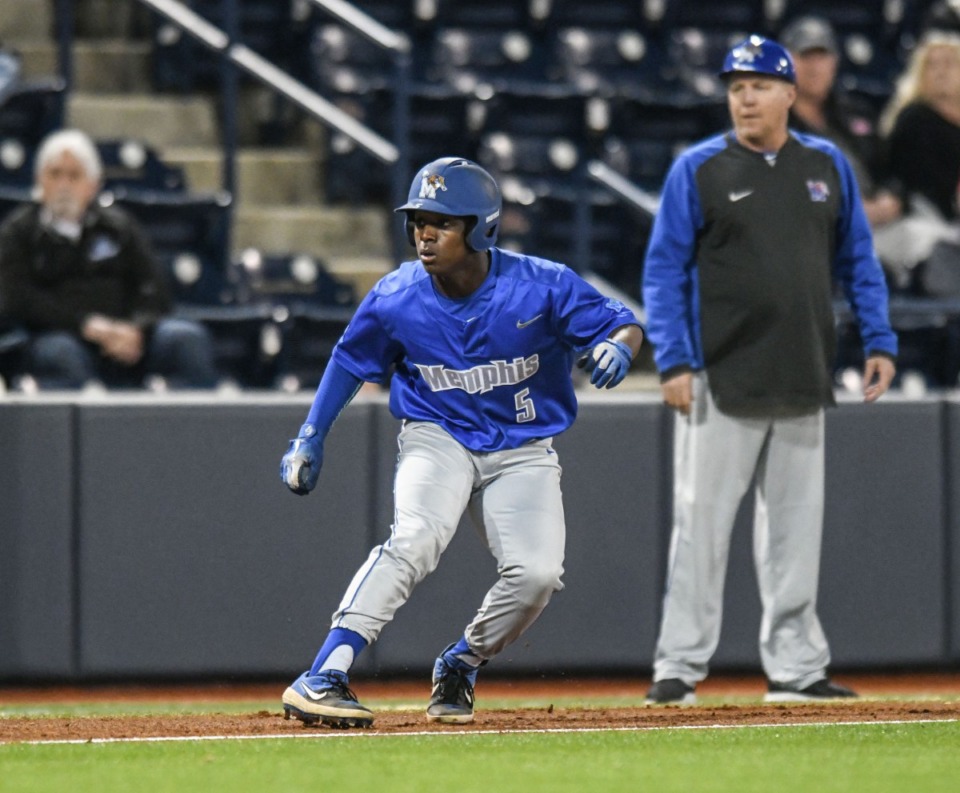 <strong>Memphis&rsquo; Jaylen Wilbon takes a lead off of third base against Ole Miss at Oxford-University Stadium in Oxford, Miss., on Tuesday, March 3, 2020.</strong> (Bruce Newman/Special to The Daily Memphian)
