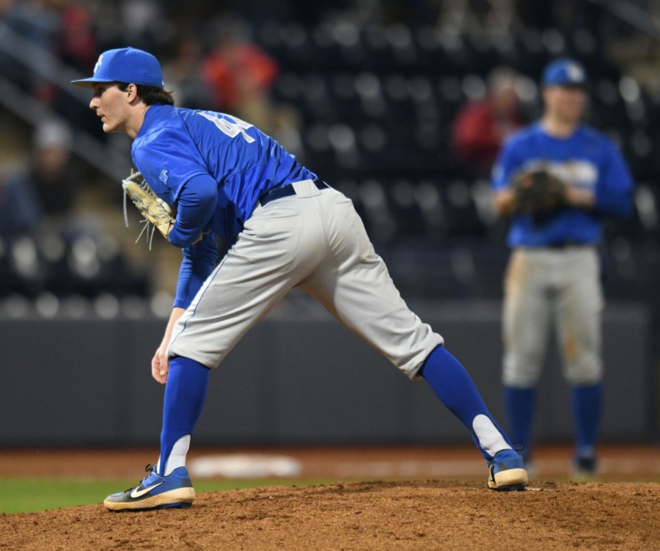 <strong>Memphis pitcher Logan Walters gets the signal against Ole Miss at Oxford-University Stadium in Oxford, Miss., on Tuesday, March 3, 2020.</strong> (Bruce Newman/Special to The Daily Memphian)