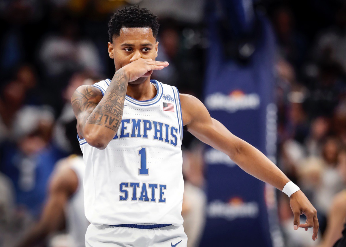 <strong>Memphis guard Tyler Harris celebrates a made 3-pointer during action against Wichita State on Thursday, March 5, 2020 at FedExForum.</strong> (Mark Weber/Daily Memphian)