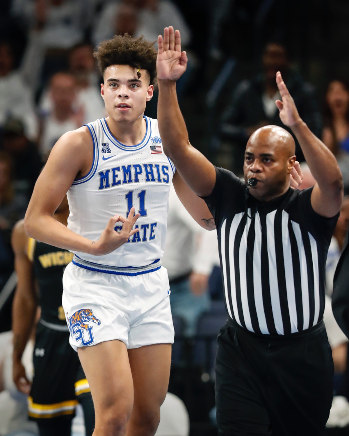 <strong>Memphis guard Lester Quinones (left) celebrates a 3-pointer against Wichita State on Thursday, March 5, 2020 at FedExForum.</strong> (Mark Weber/Daily Memphian)