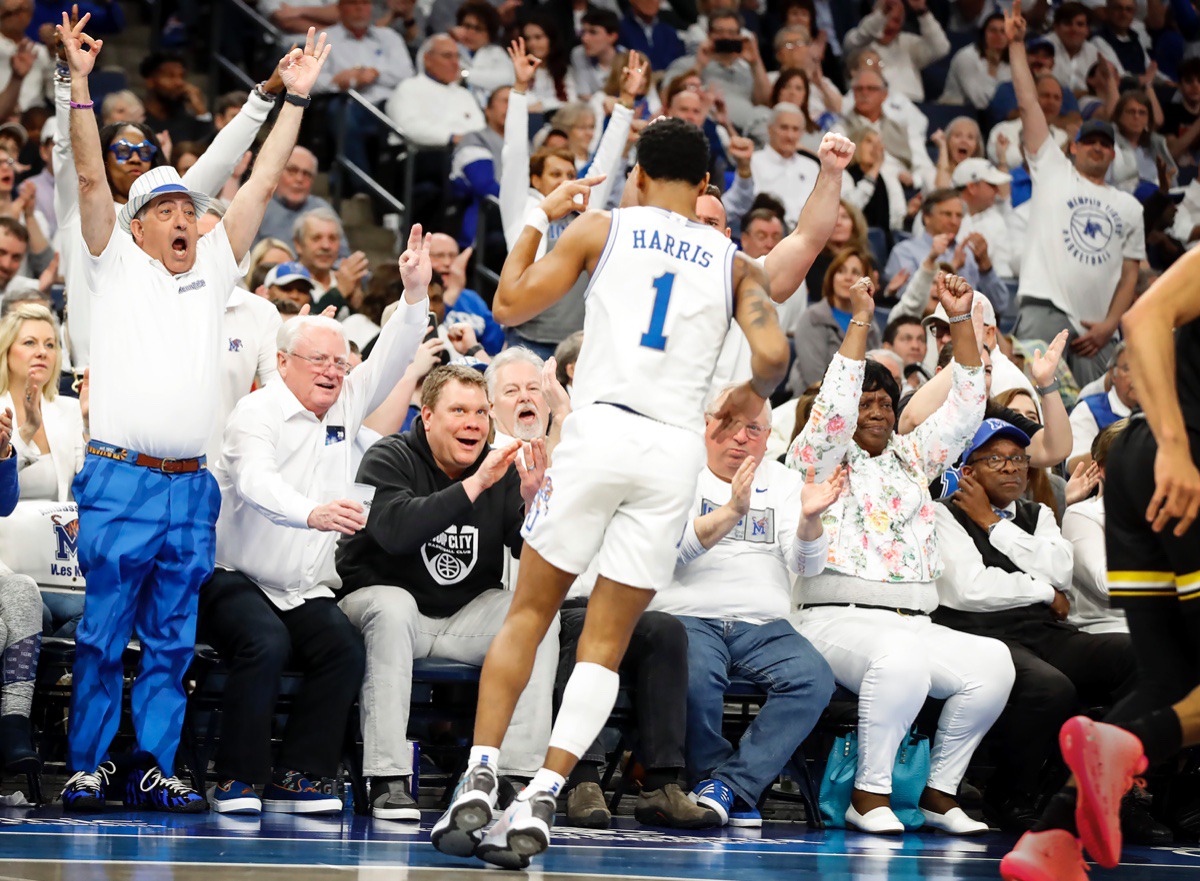 <strong>Memphis fans celebrate a Tyler Harris (middle) 3-pointer against Wichita State Thursday, March 5, 2020, at FedExForum.</strong> (Mark Weber/Daily Memphian)