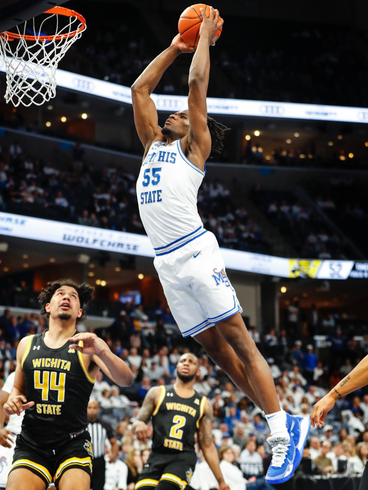 <strong>Memphis forward Precious Achiuwa (right) goes up for a dunk against Wichita State March 5, 2020, at FedExForum.</strong> (Mark Weber/Daily Memphian)