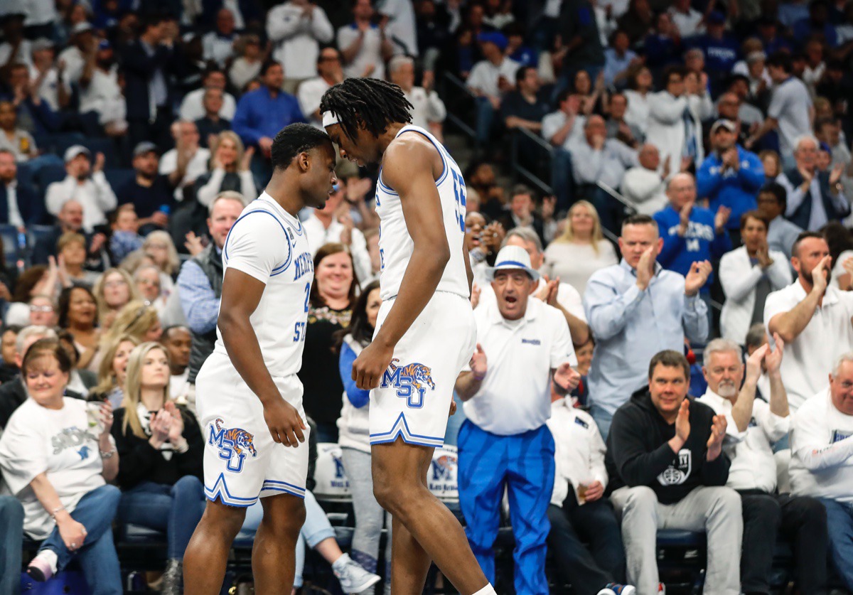 <strong>Memphis guard Alex Lomax (left) celebrates with teammate Precious Achiuwa (right) after scoring while being fouled in the game against Wichita State Thursday, March 5, 2020, at FedExForum.</strong> (Mark Weber/Daily Memphian)