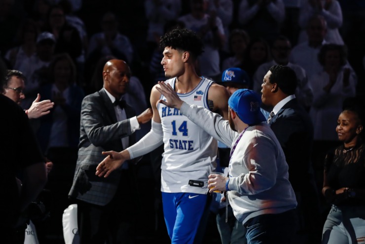 <strong>Memphis forward Isaiah Maurice (middle) is introduced on senior night before taking on Wichita State Thursday, March 5, 2020, at FedExForum.</strong> (Mark Weber/Daily Memphian)
