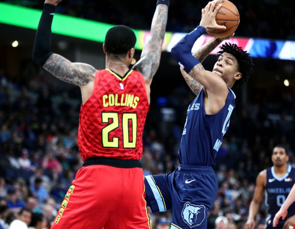 <strong>Memphis Grizzlies guard Ja Morant (12) drives to the basket during a March 7, 2020, game at FedExForum against the Atlanta Hawks.</strong> (Patrick Lantrip/Daily Memphian)
