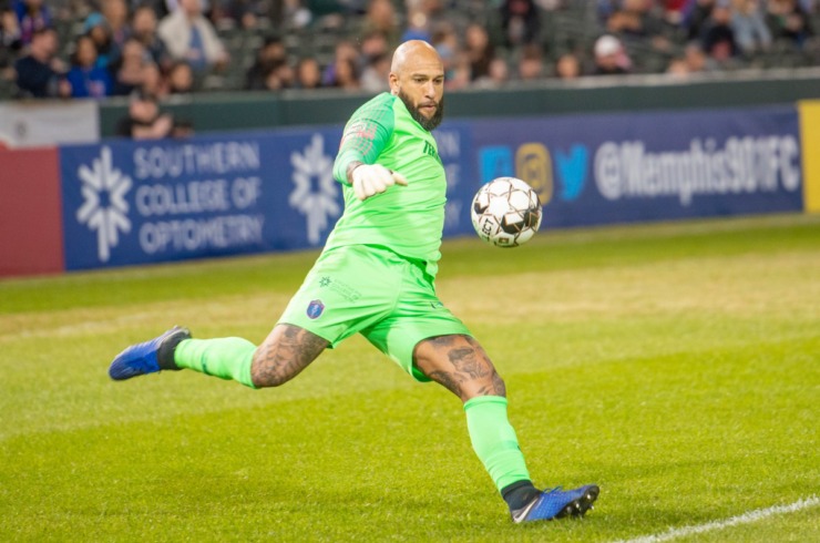 <strong>Memphis 901 FC goalie Tim Howard kicks the ball up field during Saturday's season opener against Indy Eleven at AutoZone Park.</strong> (Greg Campbell/Special to The Daily Memphian)