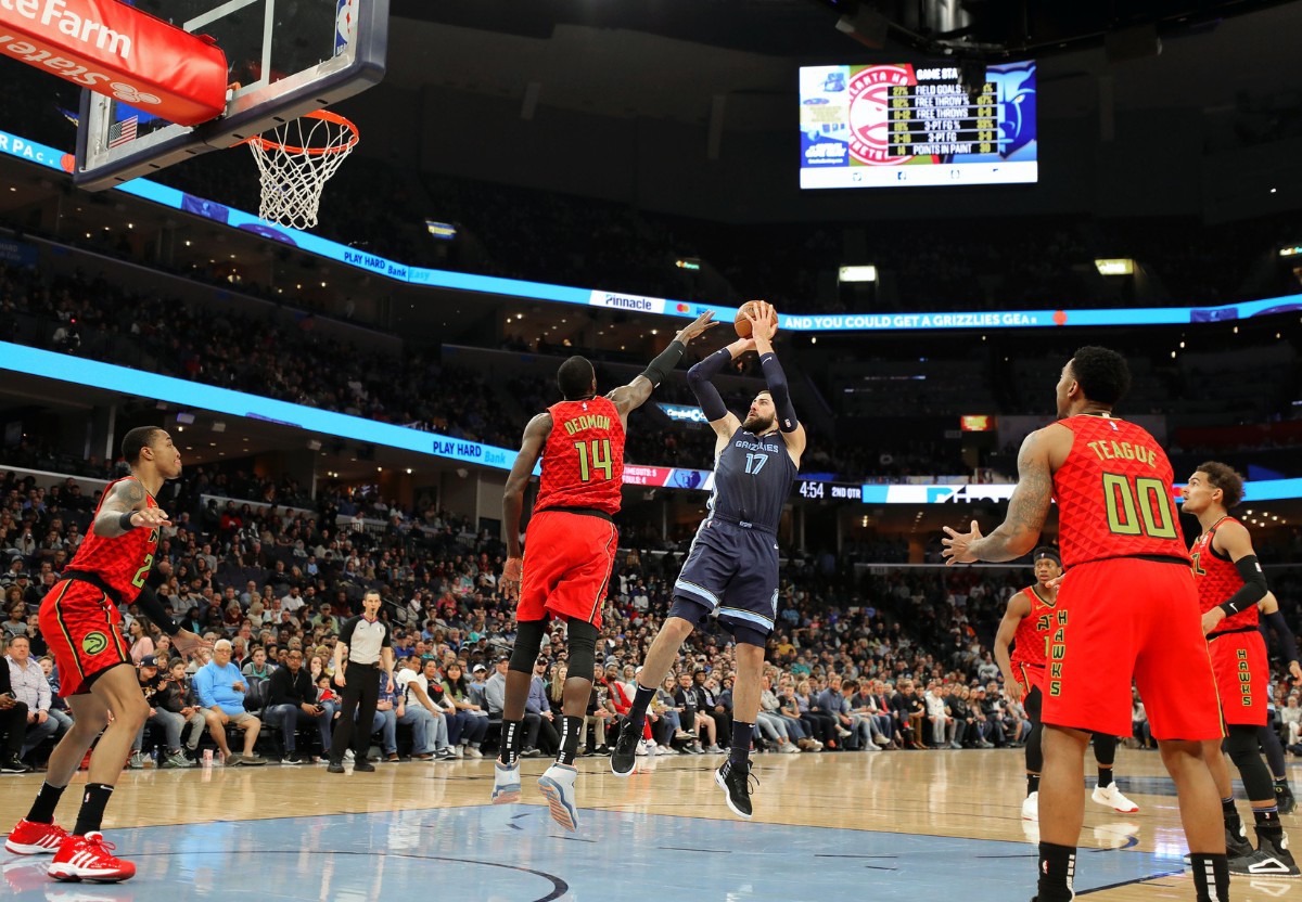 <strong>Memphis Grizzlies center Jonas Valanciunas (17) shoots a fadeaway jumper during a March 7, 2020, game at FedExForum against the Atlanta Hawks.</strong> (Patrick Lantrip/Daily Memphian)