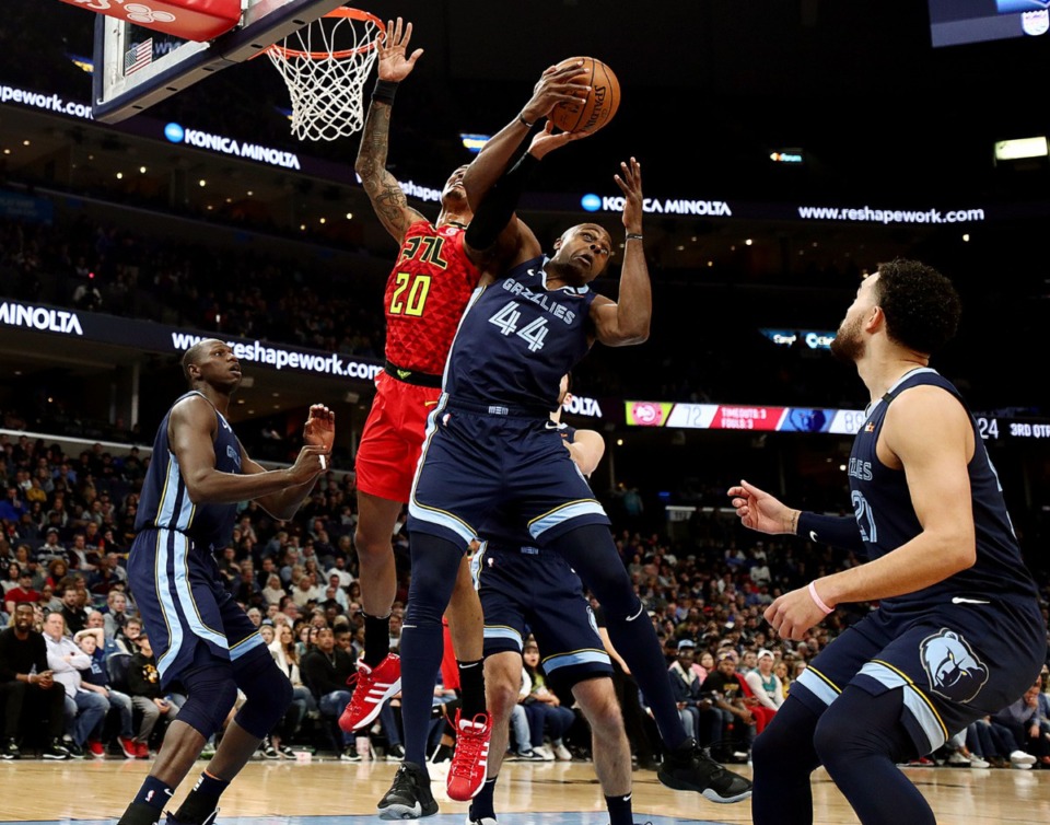 <strong>Memphis Grizzlies forward Anthony Tolliver (44) fights for a rebound during a March 7, 2020, game at FedExForum against the Atlanta Hawks.</strong> (Patrick Lantrip/Daily Memphian)