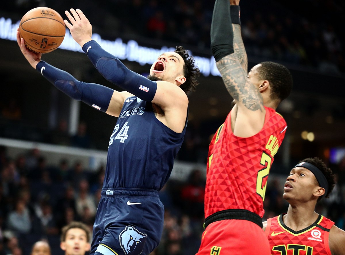 <strong>Memphis Grizzlies forward Dillion Brooks (24) crashes the lane during a March 7, 2020, game at FedExForum against the Atlanta Hawks.</strong> (Patrick Lantrip/Daily Memphian)