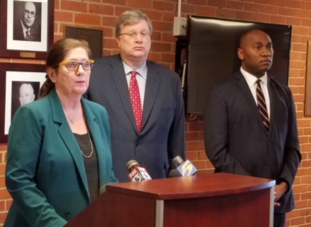 <strong>Accompanied by Memphis Mayor Jim Strickland (center) and Shelby County Mayor Lee Harris (right), Shelby County Health Department director Alisa Haushalter addresses the confirmed case of coronavirus in Shelby County during a press conference Sunday, March 8.</strong> (Shelby County Health Department)