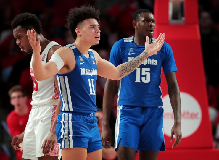 <strong>University of Memphis guard Lester Quinones (11) reacts after the referee fails to make a foul call during the Tigers' game against the Cougars at the Fertitta Center in Houston on March 8, 2020.</strong> (Jim Weber/Daily Memphian)