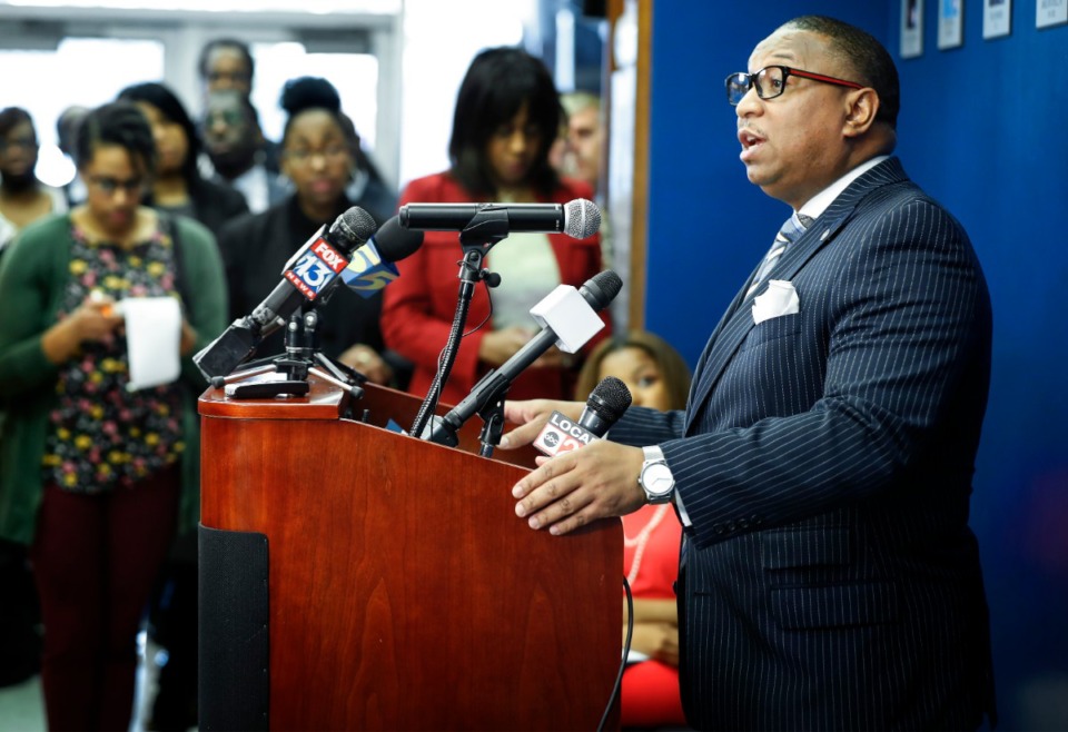 <strong>Shelby County Schools superintendent Dr. Joris M. Ray announces during a press conference on Monday, March 9,&nbsp; that an employee at Treadwell Elementary and Middle schools was placed on a cautionary quarantine after contact with a patient who tested positive for coronavirus.</strong> (Mark Weber/Daily Memphian)