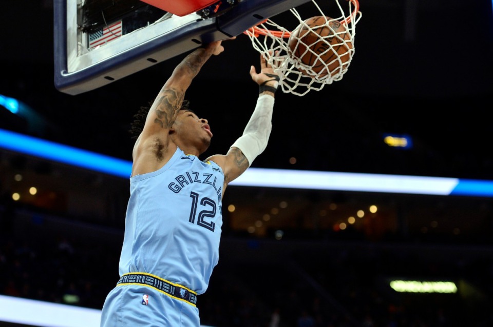 <strong>Memphis Grizzlies guard Ja Morant dunks against the Orlando Magic</strong>&nbsp;<strong>on March 10, 2020, at FedExForum.</strong> (Brandon Dill/AP)