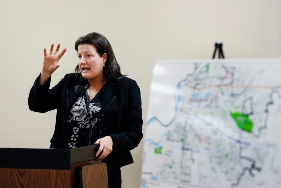 <strong>County Mayor&rsquo;s Office assistant attorney Jessica Indingaro describes the mayor&rsquo;s public transportation plan during a Shelby County Commission ad hoc committee meeting held at the Bartlett Senior Center on Tuesday, March 10, 2020.</strong> (Mark Weber/Daily Memphian)