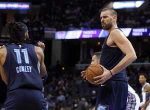 <span><strong>Memphis Grizzlies' Marc Gasol (33) and Mike Conley (11) look at each other after both tussled for the ball during the first half of an NBA basketball game against the Sacramento Kings on Friday, Nov. 16, 2018, in Memphis, Tenn.</strong> (AP Photo/Karen Pulfer Focht)</span>