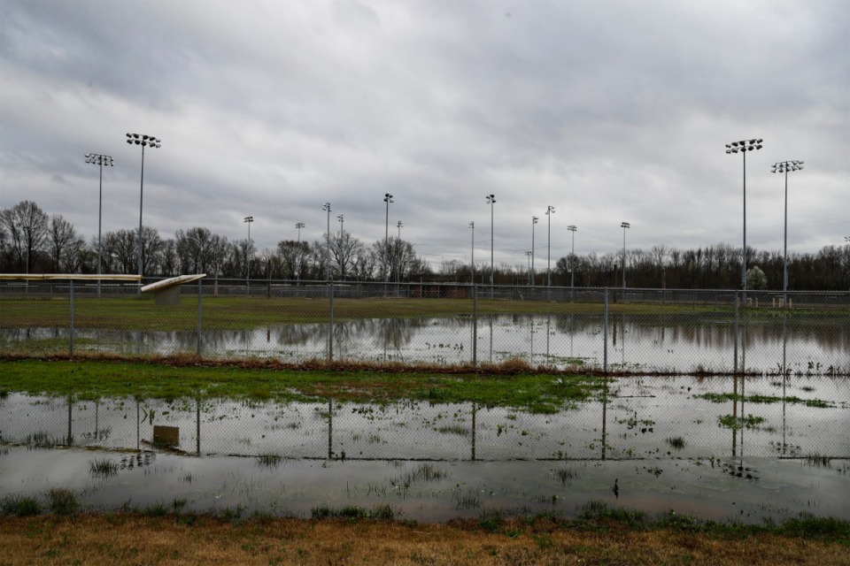 <strong>The baseball fields in Rodney Baber Park flooded after heavy rain hit the area on Wednesday, March 11. In 2011,&nbsp;<span>flooding damaged the park&rsquo;s electrical infrastructure, baseball fields and restrooms.&nbsp;</span>Beginning this fall, the park will undergo a $7 million renovation that will include new soccer fields, a baseball diamond, fishing lake, covered pavilion and walking trails. Wetlands will also be put in to mitigate flooding.</strong> (Mark Weber/Daily Memphian)