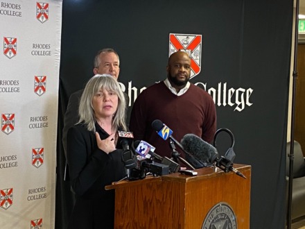 <strong>Rhodes College president Marjorie Hass announces the decision Wednesday, March 11, to suspend in-person classes starting next week.</strong> (Bill Dries/Daily Memphian)