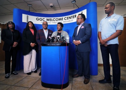 <strong>Memphis City Councilwoman Rhonda Logan (center) talks about the impact of the coronavirus in her community during a March 13, 2020, gathering of North Memphis elected officials and community leaders, including State Rep. Antonio Parkinson (right) and Golden Gate Cathedral Church bishop Ed Stephens (left).&nbsp;</strong>(Patrick Lantrip/Daily Memphian)