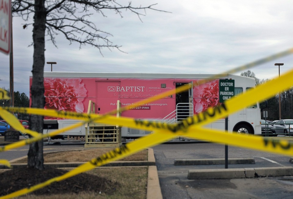 <strong>A mobile mammogram bus that has been retrofitted to test patients for COVID-19 sits outside Baptist Memorial Hospital on Friday, March, 13.</strong> (Patrick Lantrip/Daily Memphian)