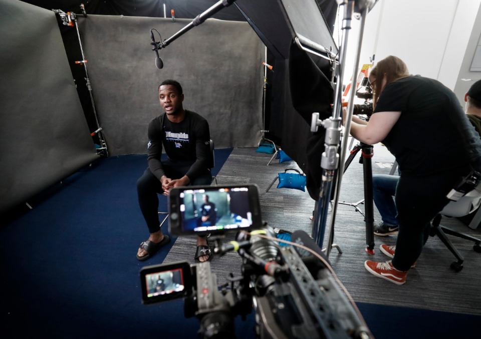 <strong>Tigers guard Alex Lomax prepares to do his final interviews for ESPN&rsquo;s "The Harder Way" show on Friday, March 13, 2020. </strong>(Mark Weber/Daily Memphian)