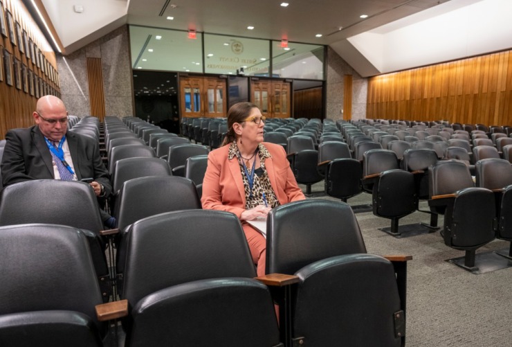 <strong>Shelby County Health Department Director Dr. Alisa Haushalter (right) sits in an empty Shelby County Commission chamber with David Sweat, Chief of Epidemiology for the Shelby County Health Department, while awaiting her briefing with the County Commission on March 18, 2020.</strong> (Greg Campbell/Special to The Daily Memphian)