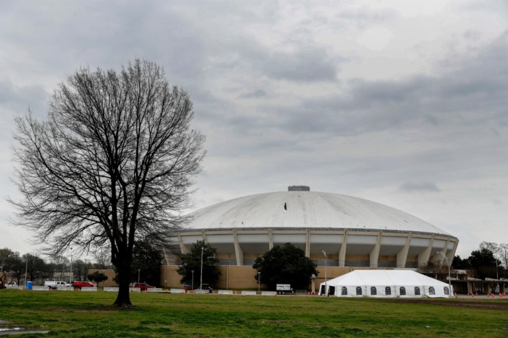 <strong>A coronavirus testing tent is setup outside the Midsouth Coliseum at Tiger Lane on Thursday, March 19, 2020. The testing center is not operational, but officials hope to start testing by early next week.</strong> (Mark Weber/Daily Memphian)
