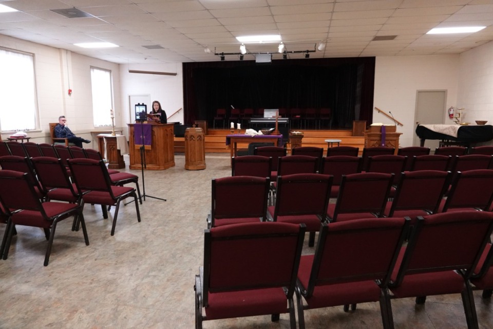 <strong>Rev. Sara K. Corum, pastor at Trinity United Methodist Church in Memphis, preaches to an empty room as her sermon is live-streamed from the Midtown church.</strong> (Karen Pulfer Focht/Special to the Daily Memphian)