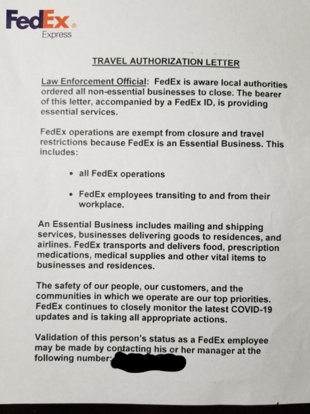 <strong>FedEx travel authorization letter.</strong> <em><strong>(</strong>Submitted)</em>