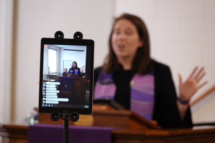 <strong>Rev. Sara K. Corum, pastor at Trinity United Methodist Church in Memphis, preaches to her congregation in a livestream on Sunday, March 22, 2020, from an empty room in her midtown church. The church was closed to worshippers due to the COVID-19 pandemic.</strong> (Karen Pulfer Focht/Special to the Daily Memphian)